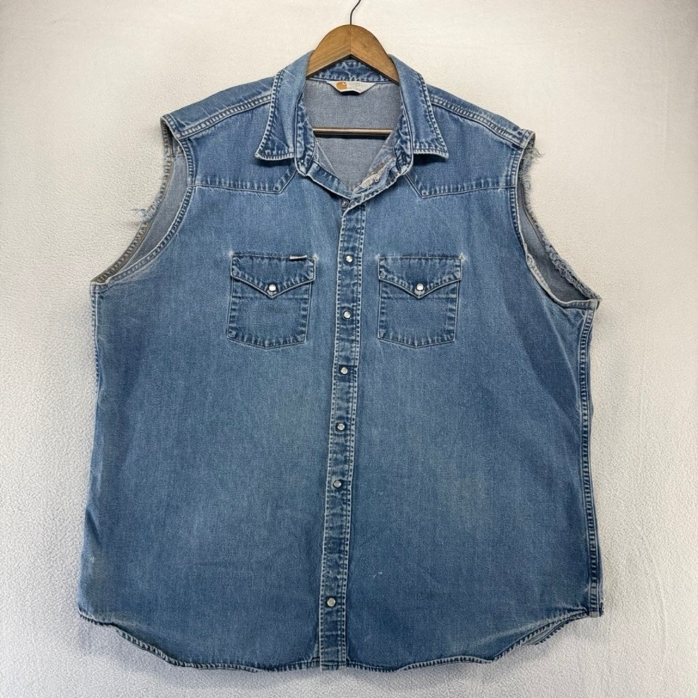 Vintage Carhartt Denim Shirt Vest Mens 2XL Western Cut Off Sleeveless Pearl Snap